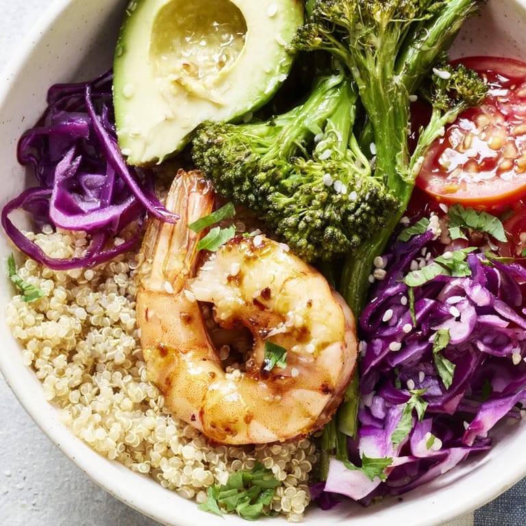 Savory Detox Buddha Bowl with Shrimp and Quinoa arranged with sautéed shrimp, fresh vegetables, and lemon wedges for serving.