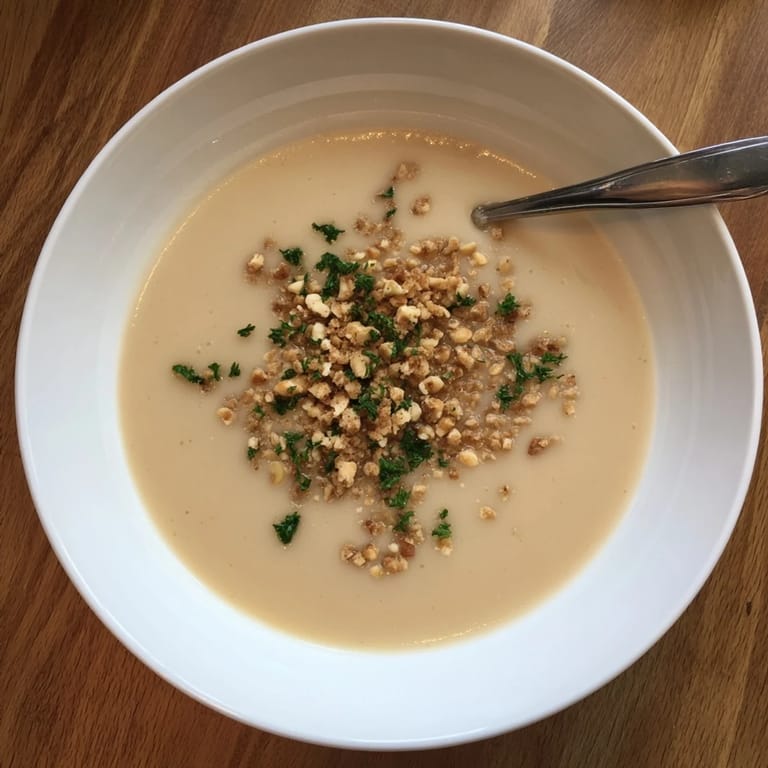 Rustic Celeriac Soup with Hazelnut Crumble topped with toasted nuts and parsley, steam rising in a cozy kitchen setting.