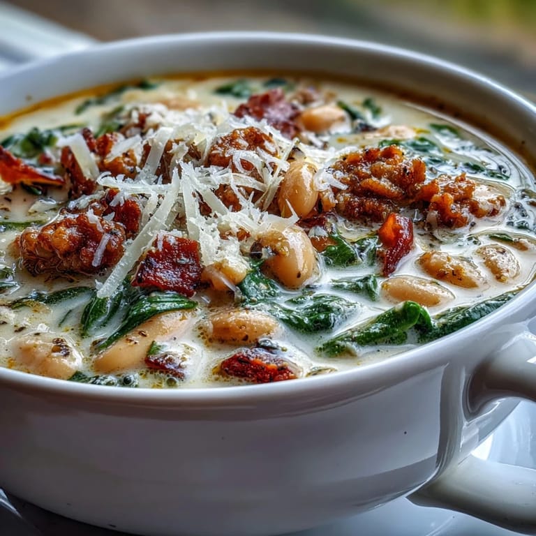 Hearty bowl of Epic Creamy Tuscan White Bean Soup With Sausage next to crusty bread, with steam rising from the creamy broth.