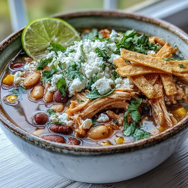 Colorful Chicken Tortilla Soup garnished with cotija cheese and lime wedges on a rustic table.