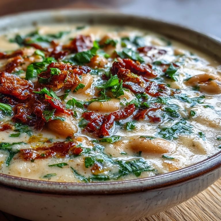 Velvety Creamy Tuscan White Bean Soup ladle over fluffy focaccia, garnished with grated Parmesan and olive oil.