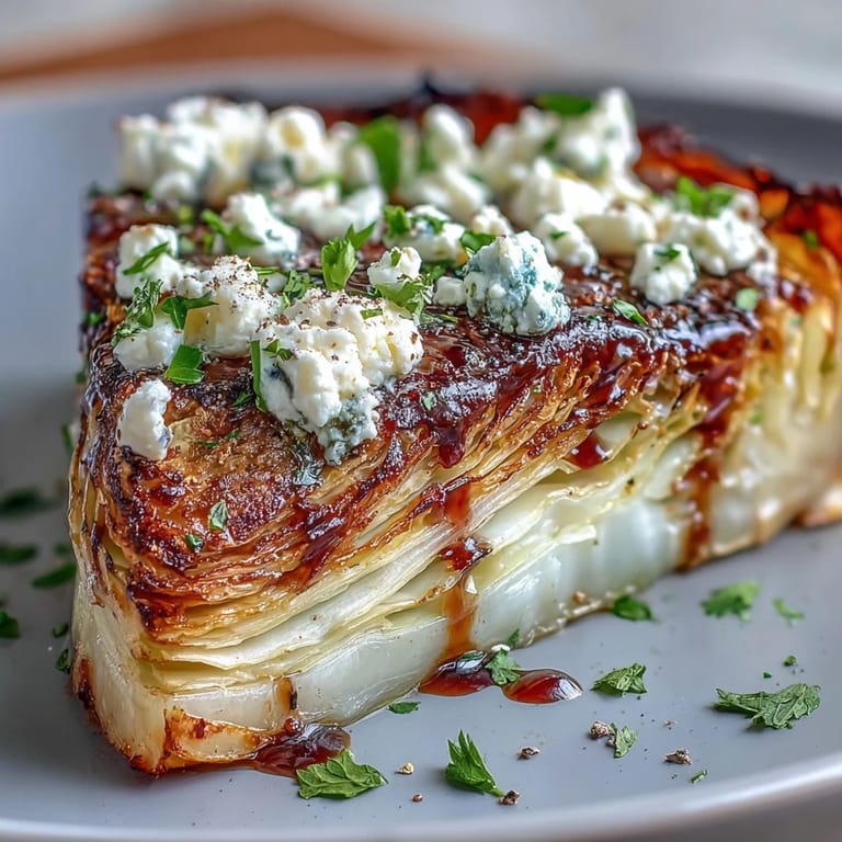 Freshly roasted Crispy Cabbage Steaks with Feta and Balsamic are topped with creamy crumbled feta and lemon zest on a wooden board.