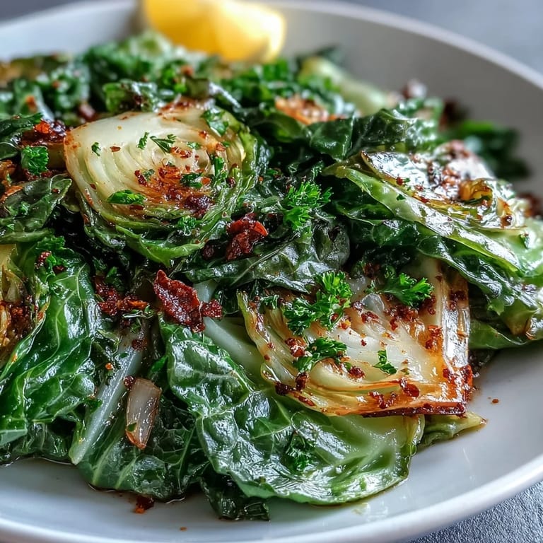 Sautéed Cabbage With Garlic and Mediterranean Spices in a skillet with colorful spices.
