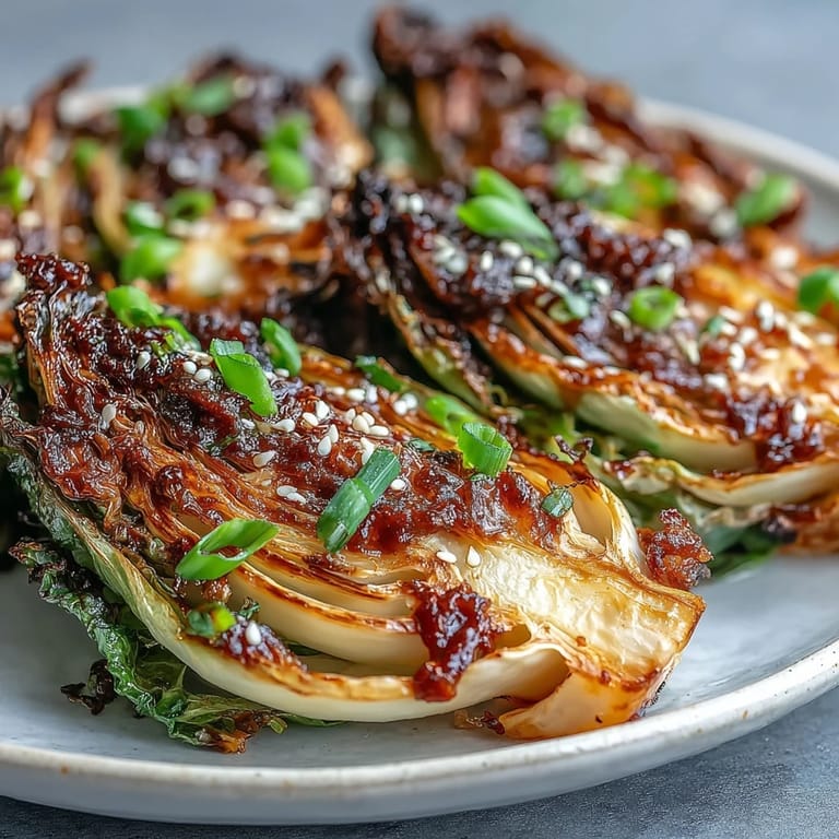 Crisp-edged Miso Butter Roasted Cabbage Wedges plated beside a bowl of steamed rice for a hearty dinner.