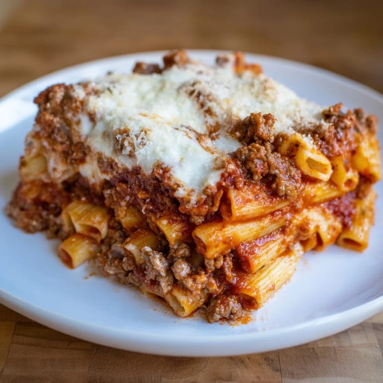 A close-up of cheesy, steaming Baked Ziti, showcasing a rich meat sauce and tender pasta.