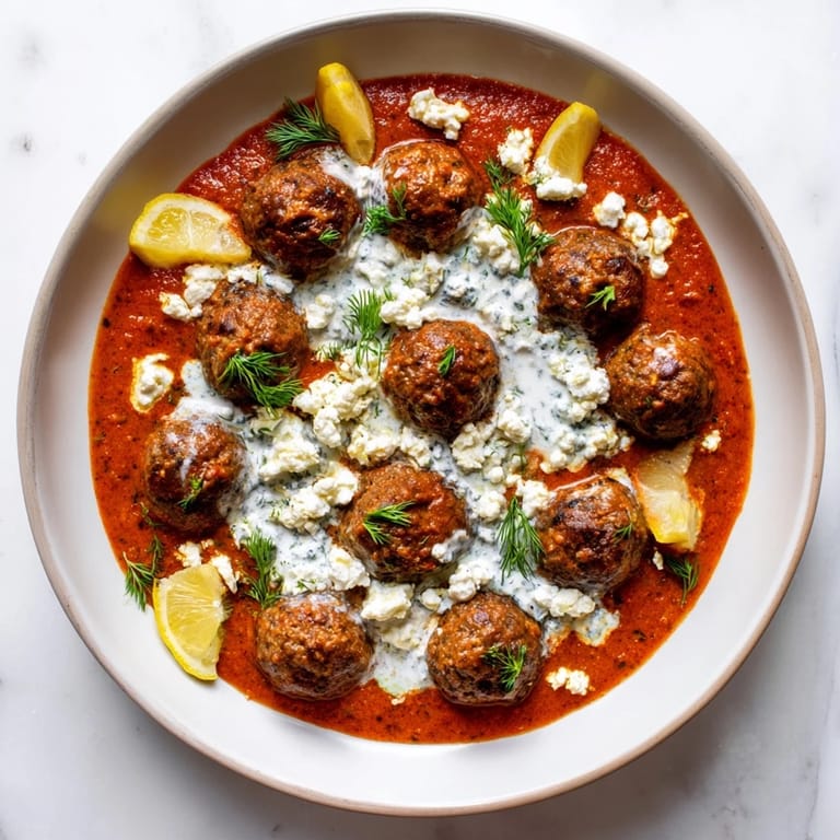 A close-up of tender Instant Pot Greek-Style Meatballs, simmering in tomato sauce, ready to serve.