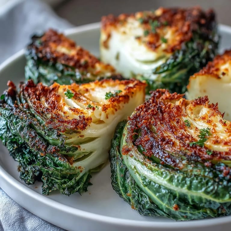 Savory Roasted Garlic Parmesan Cabbage Wedges on a platter, garnished with fresh herbs and ready to accompany grilled chicken.