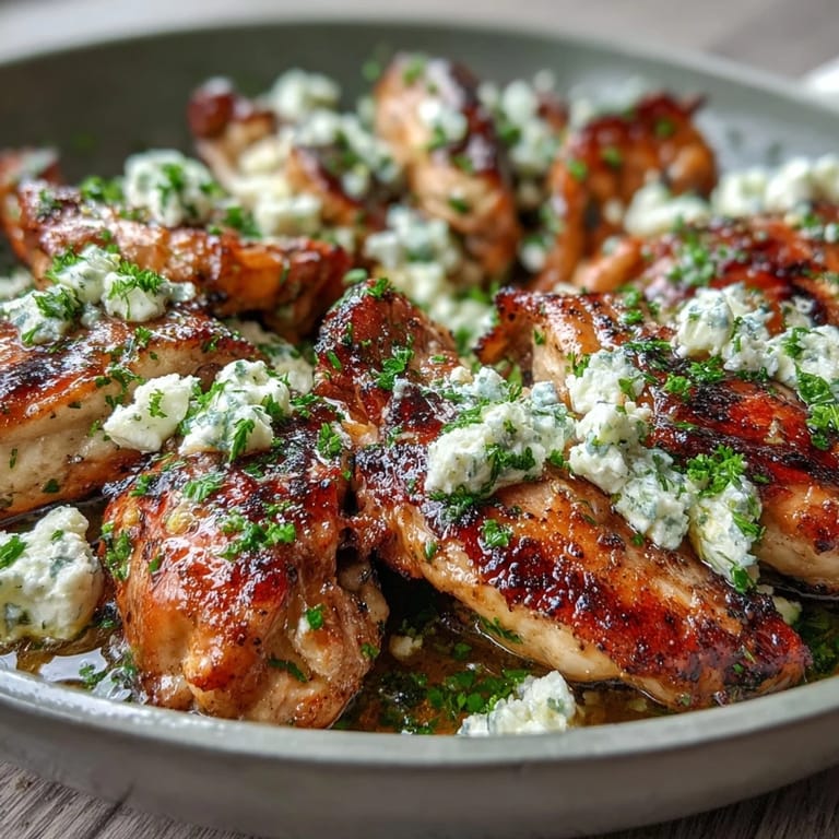 Tender Greek Chicken with Lemon and Feta garnished with fresh parsley on a rustic wood table.
