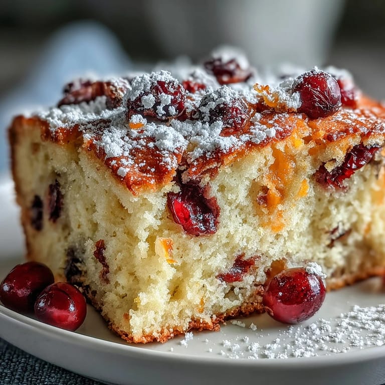 Overhead view of a moist Cranberry Orange Breakfast Cake showcasing glossy orange zest and ruby-red cranberry pieces in each slice.