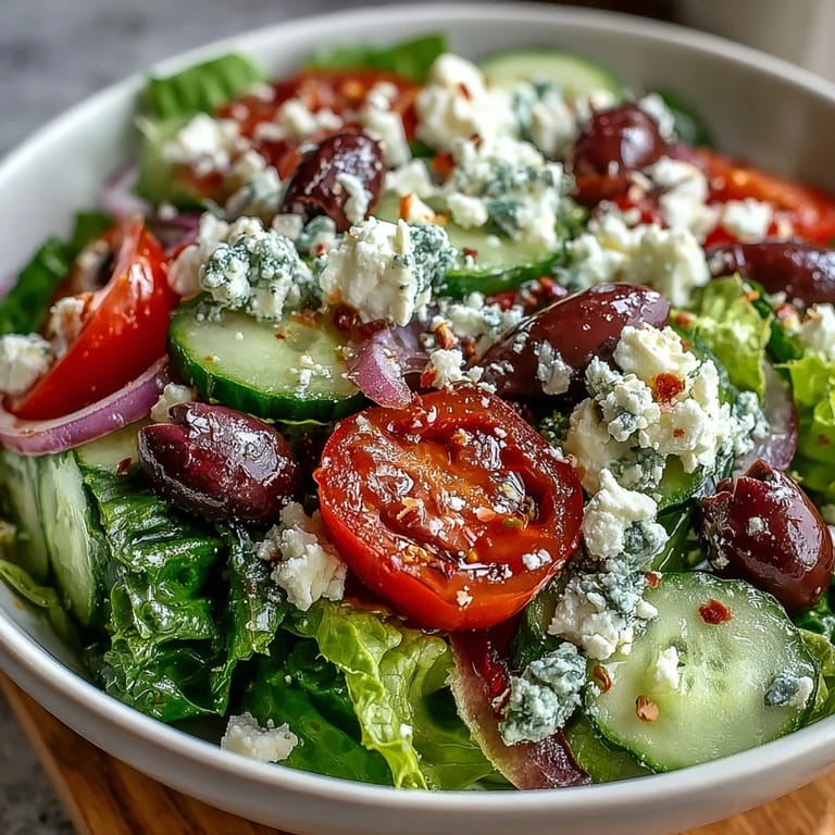 Close-up view of a Greek Salad Bowl featuring colorful vegetables, crumbled feta, and glistening olive oil dressing.