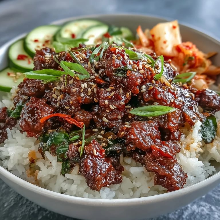 Sizzling Korean Beef Bowl with seasoned ground beef, quick-pickled carrots and daikon, and fluffy rice ready to enjoy.