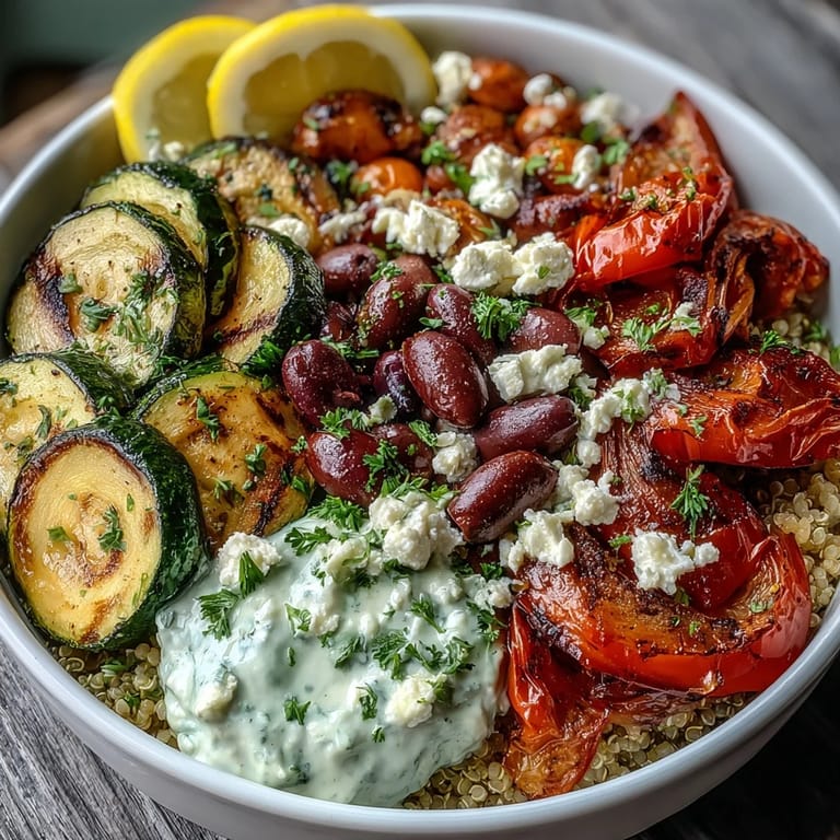This nourishing Mediterranean Buddha Bowl combines warm roasted veggies, creamy hummus, Greek yogurt, and a bright squeeze of fresh lemon.
