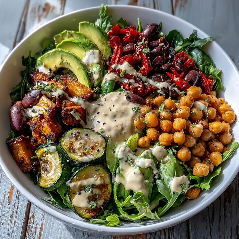Serving suggestion for a nourishing Vegan Mediterranean Buddha Bowl, drizzled with creamy tahini and garnished with fresh herbs.