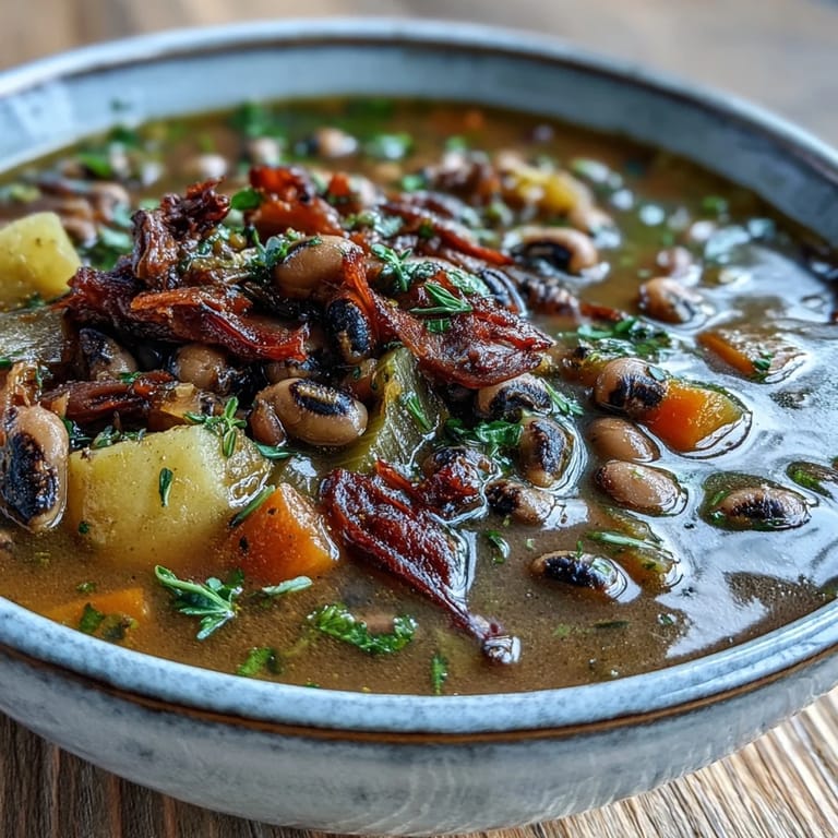 Close-up of Black-Eyed Pea Stew with Smoked Ham Hocks, garnished with fresh parsley and hot sauce.