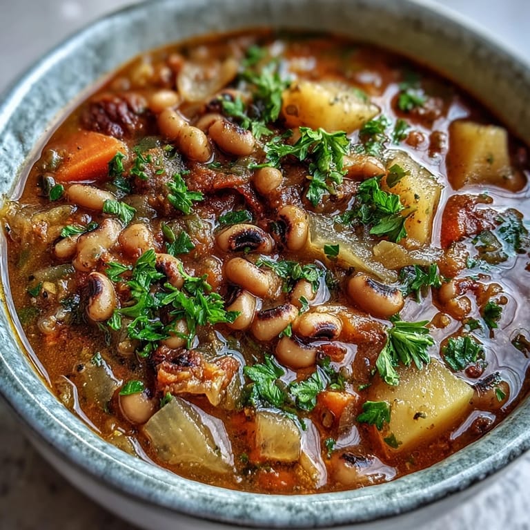 A hearty ladle of Black-Eyed Pea Stew with Chefs Touch showcases colorful potatoes and carrots.