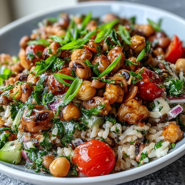 Spoon lifting a portion of New Years Hoppin John Salad showing chickpeas, black-eyed peas, celery, and a creamy tahini dressing drizzle.