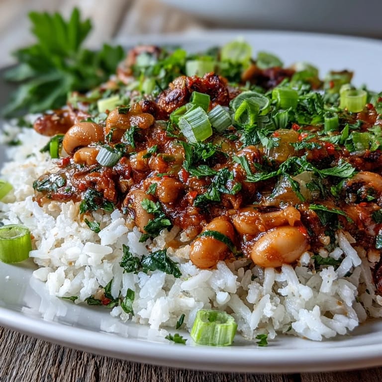 Vegetarian Hoppin John served with a lemon wedge and vibrant green onions garnish.