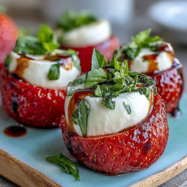 Strawberry Caprese Skewers with Balsamic Drizzle: Colorful appetizer skewers featuring ripe strawberries, soft mozzarella, and fresh basil, all lightly dressed with balsamic drizzle.