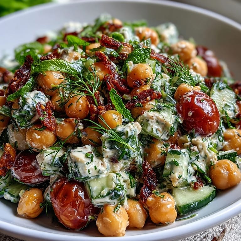 This easy cucumber chickpea salad combines juicy tomatoes, red onion, and fresh herbs, all coated in a bright lemon vinaigrette for a refreshing side dish.