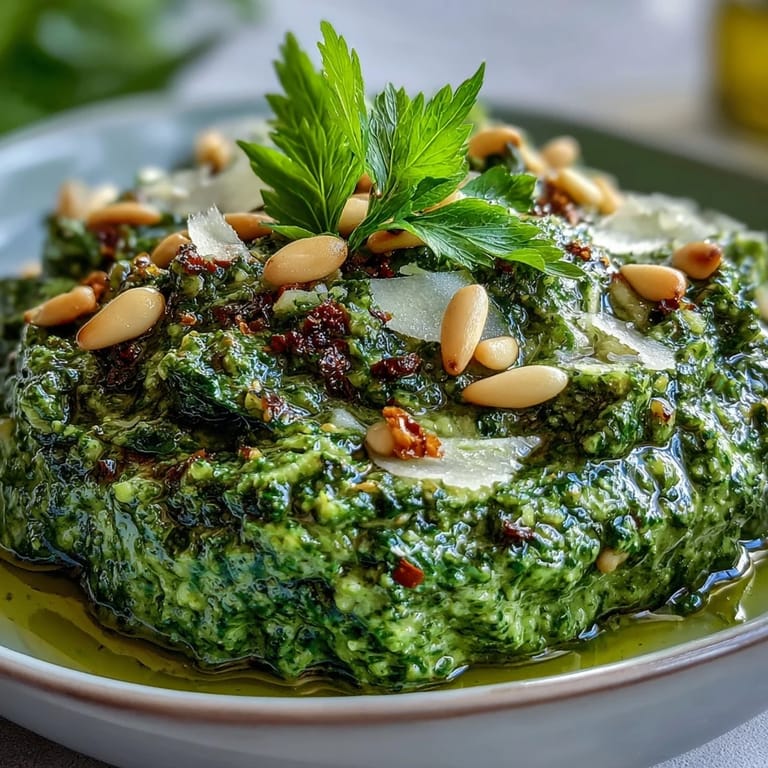 Bright green dandelion pesto with garlic and pine nuts, a bold, slightly bitter twist on classic pesto.
