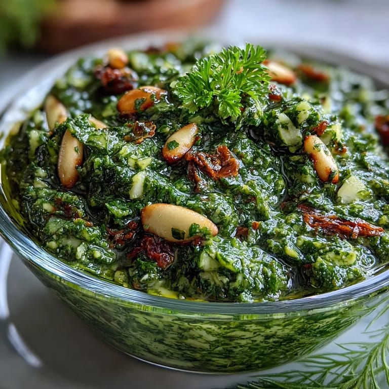 Creamy dandelion pesto made with garlic and toasted pine nuts, ideal for spreading or drizzling over vegetables.  