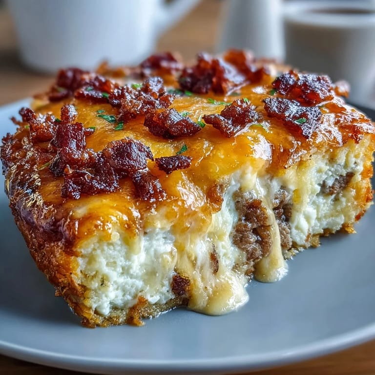 Savory Amish breakfast casserole loaded with fluffy eggs, tender hash browns, and juicy sausage, perfect for feeding a hungry crowd or brunch gathering.