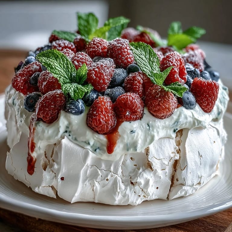 Show-stopping Mothers Day Pavlova topped with clouds of vanilla whipped cream and a rainbow of fresh strawberries, blueberries, and raspberries.