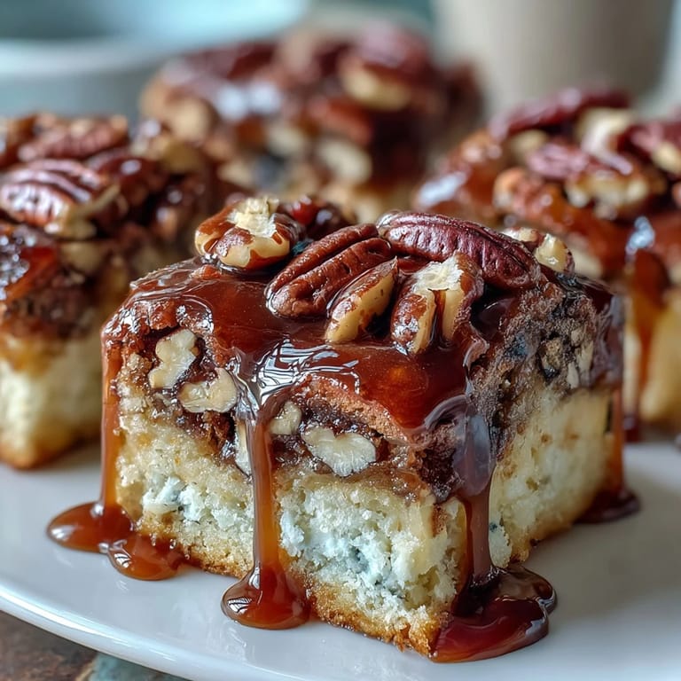 Close-up of Kentucky Derby Pecan Pie Bars with bourbon glaze, showing gooey filling and toasted pecans on a dessert platter.