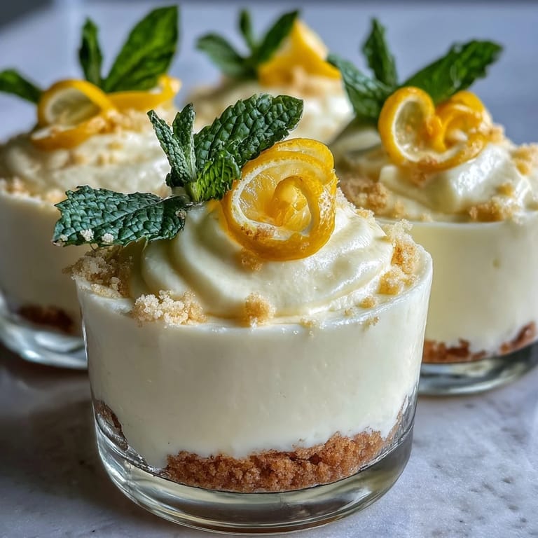 Bright lemon mousse paired with golden shortbread cookies, garnished with lemon zest curls and fresh berries.