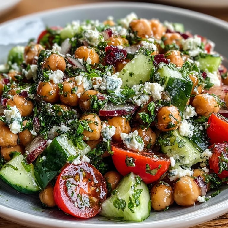 Refreshing Mediterranean chickpea salad with fresh parsley, mint, and lemon-herb vinaigrette, perfect for a light lunch.