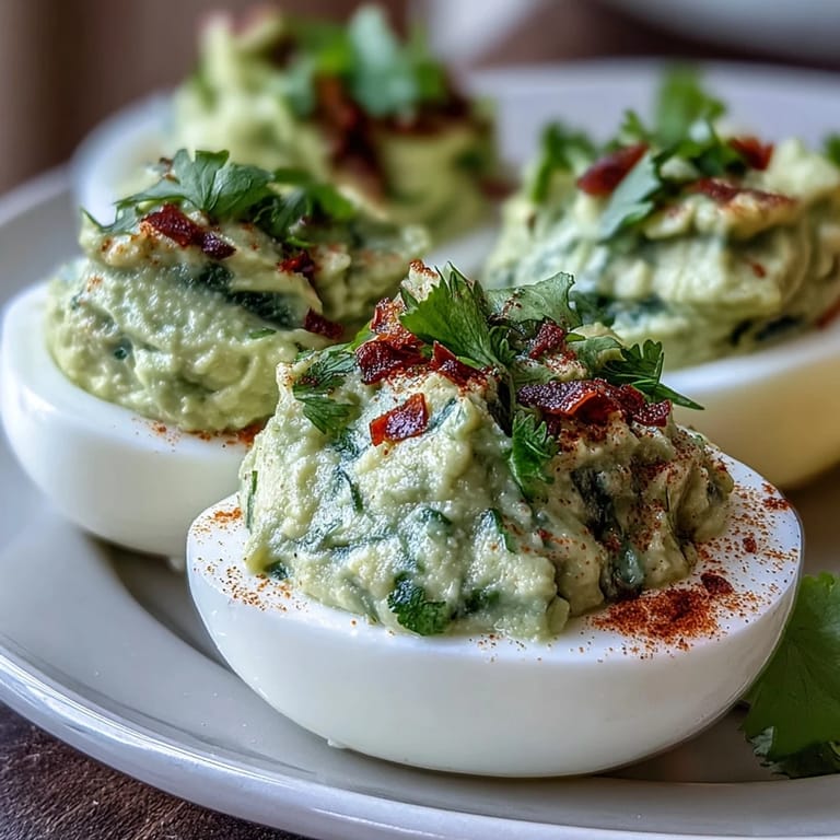 Avocado and lime-infused guacamole stuffed into halved hard-boiled eggs for a fresh, zesty appetizer with a hint of jalapeño.