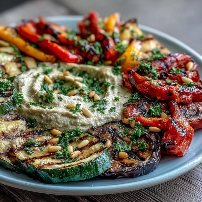 Healthy Grilled Veggie Platter with Hummus - tender charred vegetables paired with rich, creamy hummus, garnished with parsley and pine nuts for a Mediterranean-inspired side.