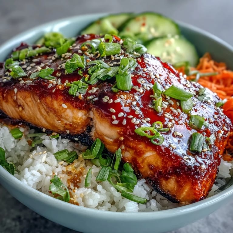 Colorful teriyaki salmon bowl topped with avocado, cucumber, carrot, and sesame seeds, served over fluffy jasmine rice.