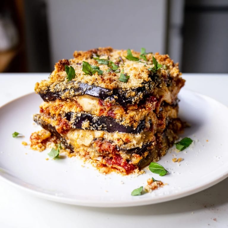 A close-up view of Eggplant Parmesan Lasagna, showing melted mozzarella and a hint of fresh basil garnish.