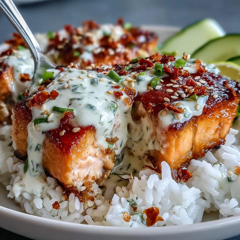 Fresh salmon cubes over warm rice, finished with rich spicy mayo, crunchy cucumber, and nori strips for an Asian-inspired rice bowl delight.