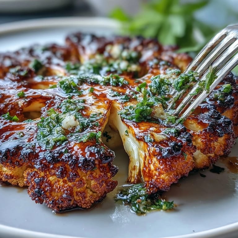 Charred BBQ Cauliflower Steaks generously drizzled with fresh, garlicky chimichurri topping.