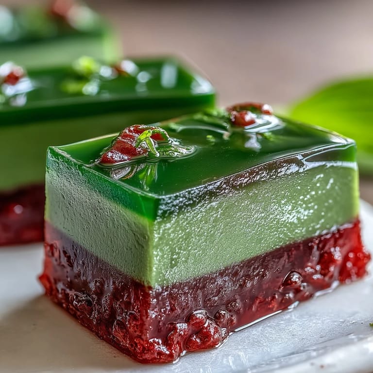 Delicate Yokan Japanese red bean jelly, topped with vibrant emerald matcha for a sweet treat.