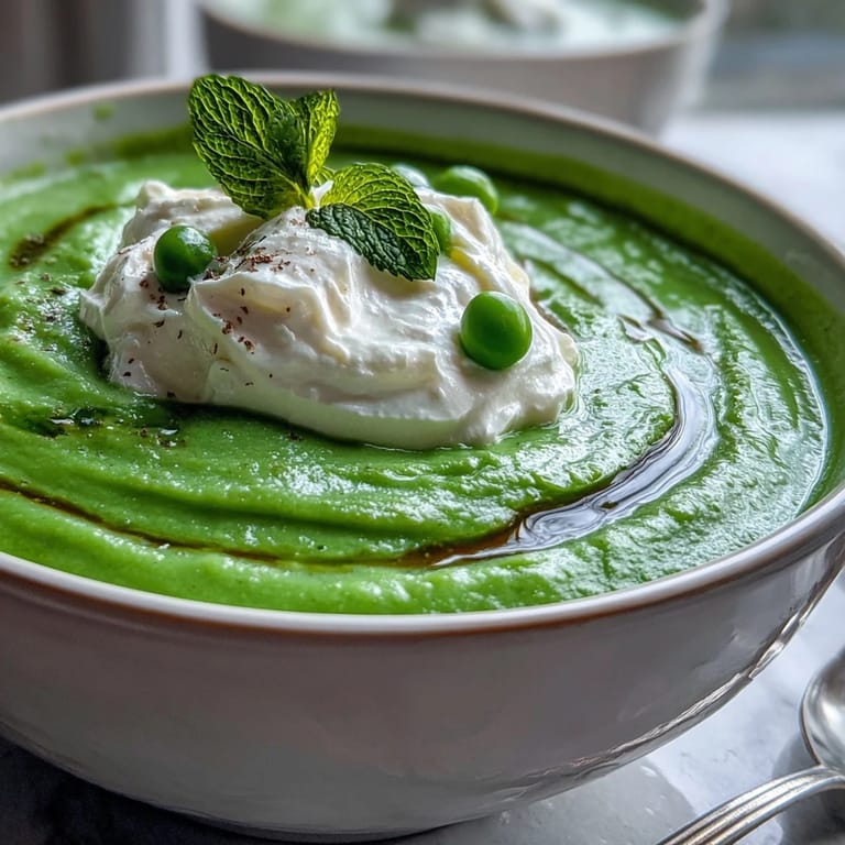 A comforting bowl of Spring Pea Soup topped with creamy ricotta and fresh mint.