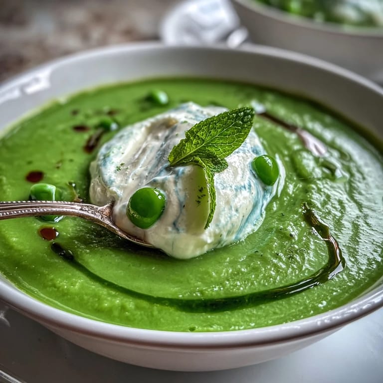 Spring Pea Soup, a creamy delight with dollops of airy ricotta and zesty mint oil.