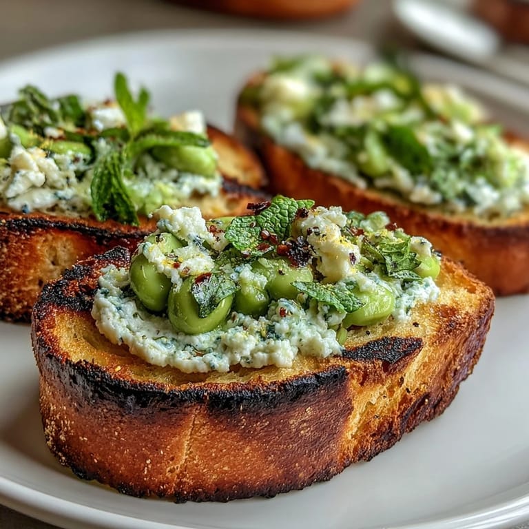 Enjoy Fava Bean and Mint Bruschetta, a refreshing Italian bite.