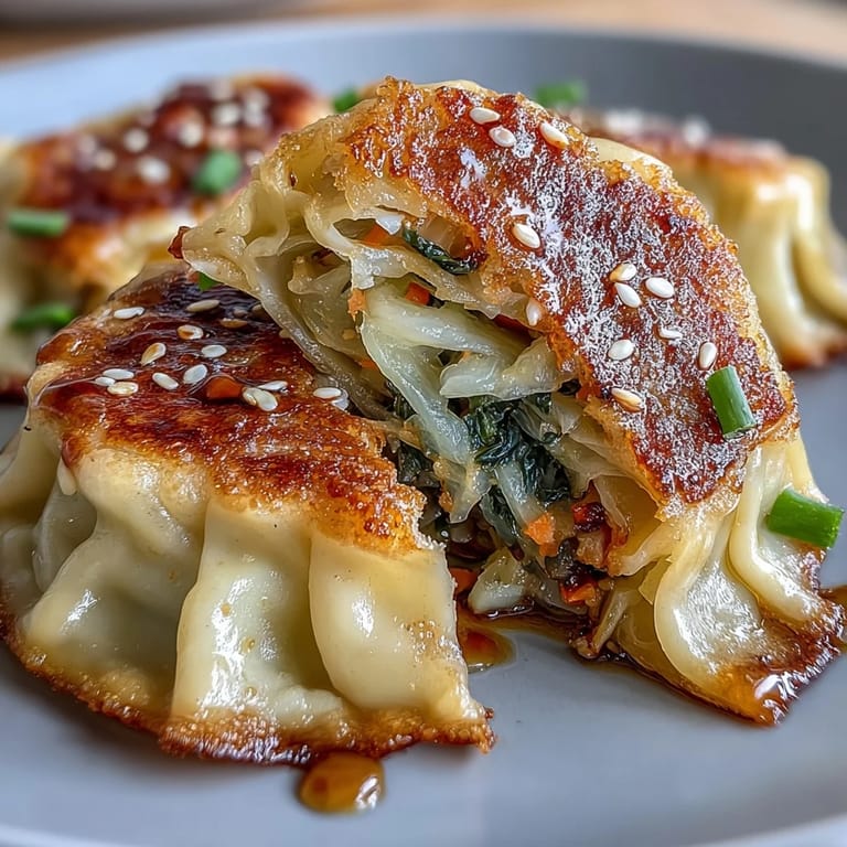 Crispy cabbage dumplings with golden bottoms, paired with a fragrant ginger soy sauce for dipping.  