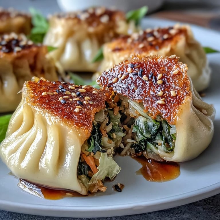 Savory cabbage and carrot dumplings pan-fried to crispy perfection, served with a tangy ginger soy sauce.