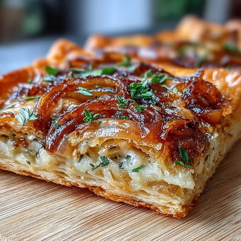 Savory French Onion Puff Pastry Tart topped with golden caramelized onions and nutty Gruyère, served warm for a comforting appetizer.  