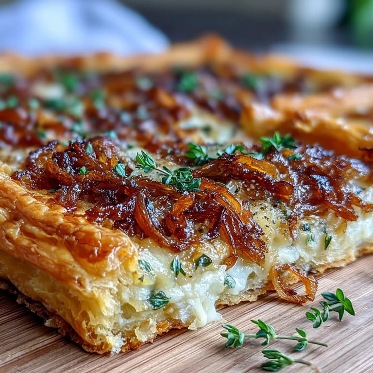 Crispy French Onion Puff Pastry Tart featuring sweet caramelized onions, melted Gruyère, and fragrant thyme—a delightful vegetarian main dish.