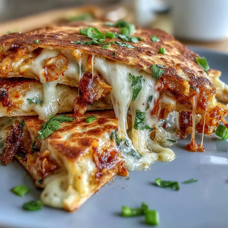 Juicy, pan-fried Kimchi Quesadillas served hot with perfectly melted cheesy goodness inside.