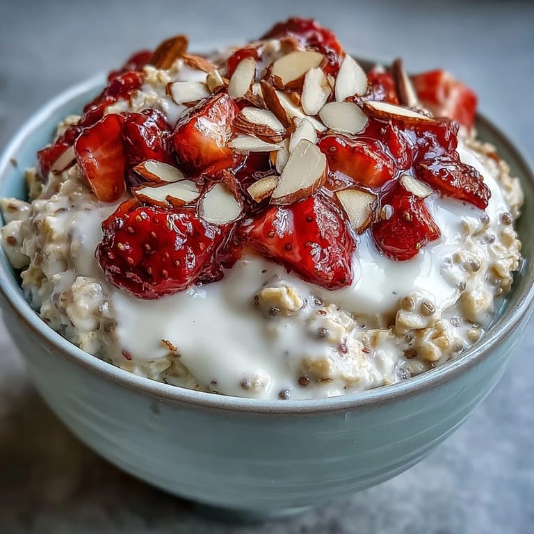Plated Strawberry Vanilla Overnight Oats speckled with fruit and seeds.