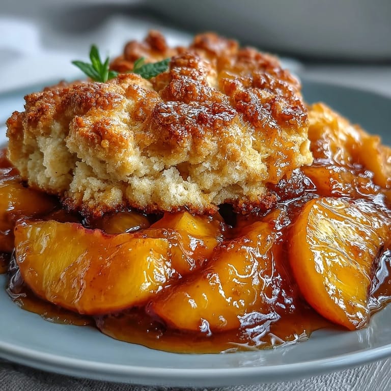 Warm peach cobbler with fluffy biscuits, a perfect Southern comfort dessert.