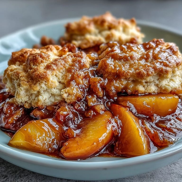 Delectable peach cobbler featuring tender fruit and a buttery biscuit crown.