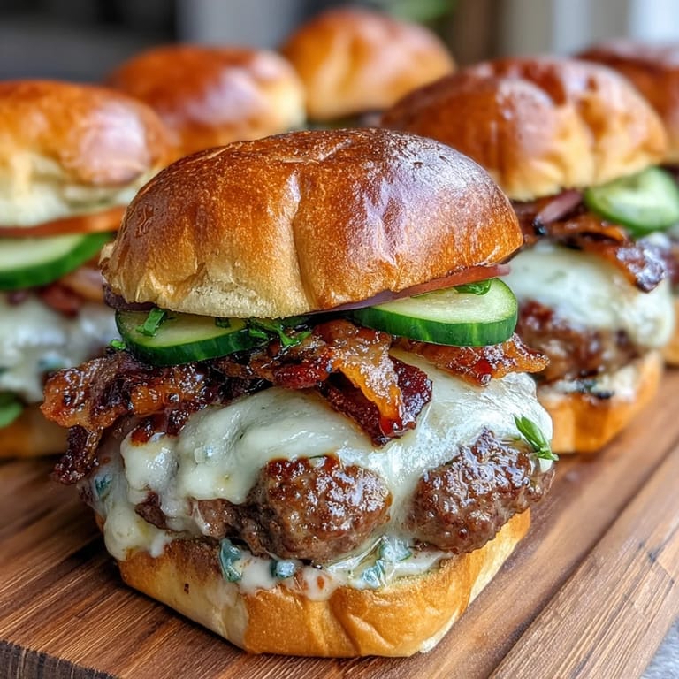 Perfectly assembled Easy Father's Day Grilled Bacon Burger Sliders ready to eat.