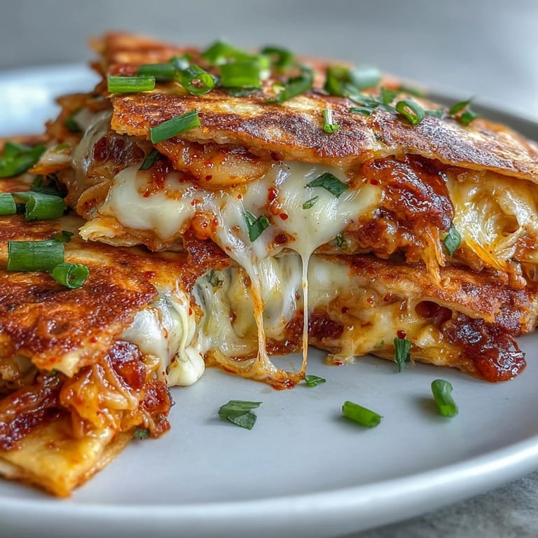 Enjoy these crispy Kimchi Quesadillas, a flavorful fusion of textures and vibrant tastes.